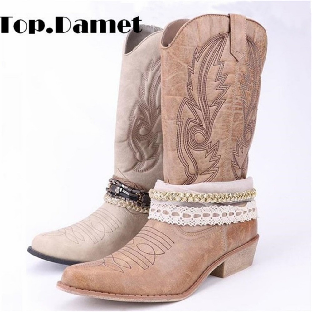 Top. Damet femmes genou haute botte Cowboy Cowgirl bottes avec dentelle et chaîne décoration Western chaussures sans lacet moto bottes femme
