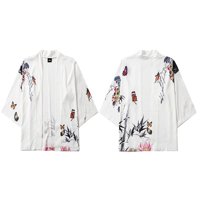 Japanese Kimono Jacket Chinese Bamboo Painting Print Men Harajuku Streetwear Jacket Coat Casual Thin Gown Japan Style: A226094 White / Asian XXL