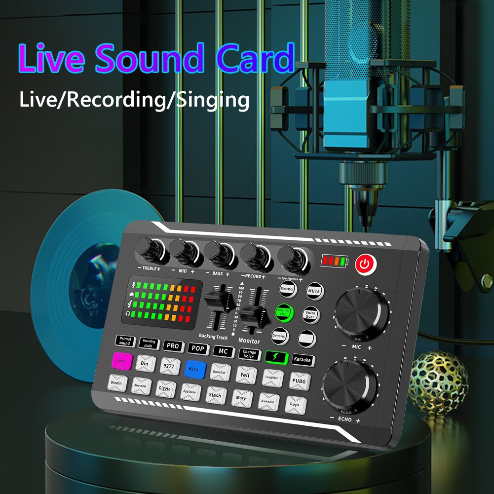 F998 Bluetooth-Compatible Sound Card Studio Record Phone Live Audio Mixer Colorful Multi-Function Live Singing Equipment