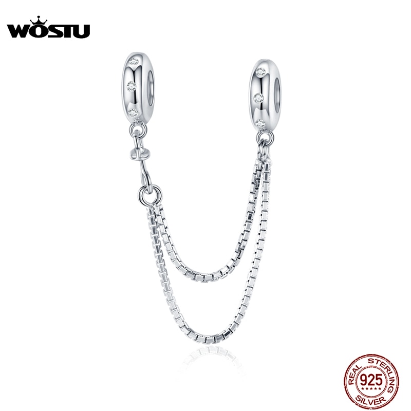 Silício WOSTU 100% 925 Prata Esterlina Corrente de Segurança Charme Fit Pulseira Original Pingente de Zircão Jóias de Prata Simples CQC1419