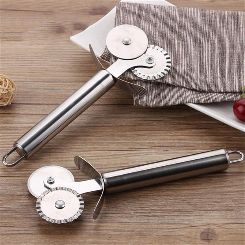 Ronde Kookplaat Kant Wiel Mes Dubbele Roller Pizza Mes Cutter Rvs Gebak Pasta Deeg Crimper Keuken Gereedschap