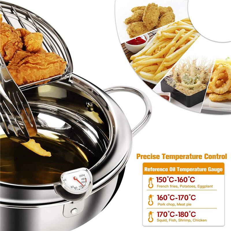 Deep Frying Pan Japanese Tempura Deep Fryer Stainless Steel Frying Pot with Lid &Thermometer Kitchen Non-stick Coating Fryer Pan