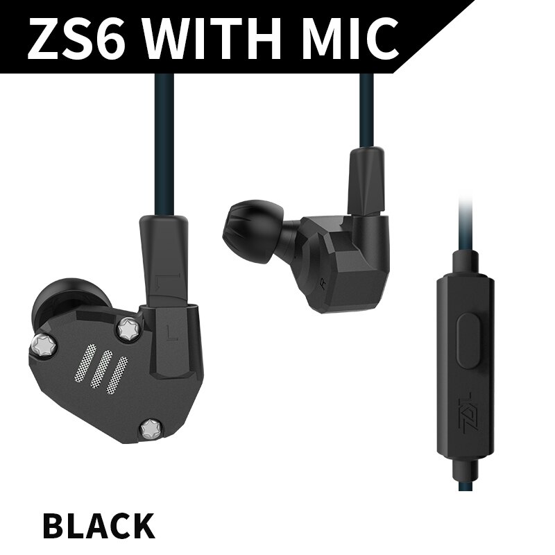 Kz zs6 2dd + 2ba alta fidelidade baixo fone de ouvido esporte in-ear fone de ouvido dinâmico motorista cancelamento de ruído fone de ouvido cabo de substituição as10 as10: black with mic