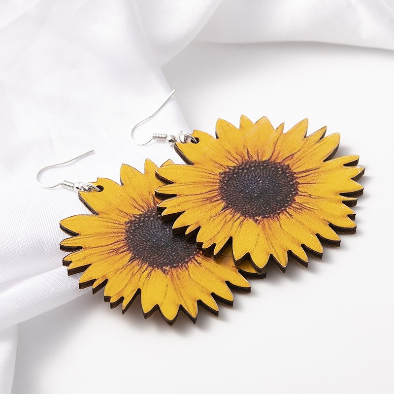 Hout Zonnebloem Oorbellen Voor Vrouwen Geel Grote Daisy Zonnebloem Verklaring Earring Mode-sieraden Beste Vriend