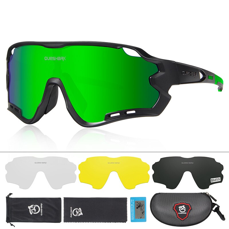 Queshark  qe44 cykling briller cykel briller til mænd kvinder polariseret cykling beskyttelsesbriller  uv400 4 linse til mtb landevejscykel: Sort grøn