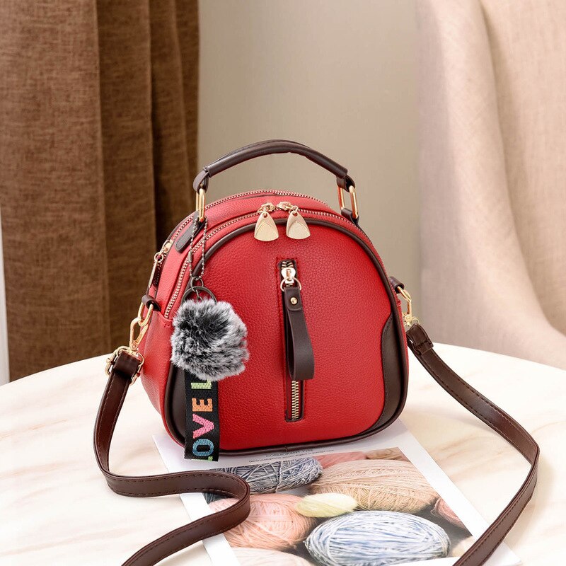 Brand Effen Kleur Vrouwen Shell Tas Draagbare Schoudertas Mode Pu Lederen Elegante Vrouwelijke Tas Met Grijs Haar bal: Red