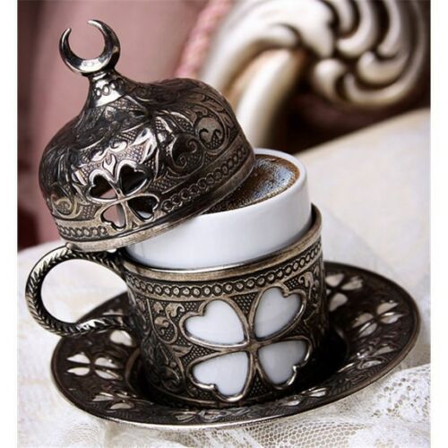 Autentisk tyrkisk kaffe espressokop underkop porcelæn kobberbetræk ældre blomst