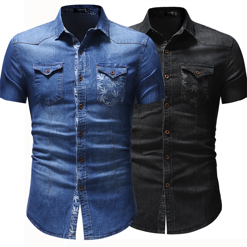 Jeansskjorta för män sommarblå skjorta med dubbla fickor casual smal kortärmad skjorta storlek 3xl