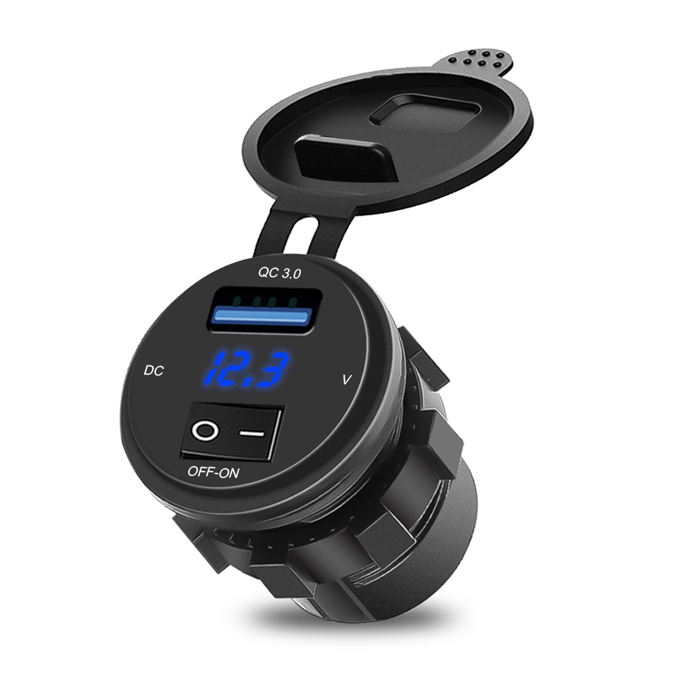 Kebidu Auto Motorfiets Sigarettenaansteker Usb Qc 3.0 Car Charger Socket Met Schakelaar Led Digitale Voltmeter Meter Monitor: Blue LED Light