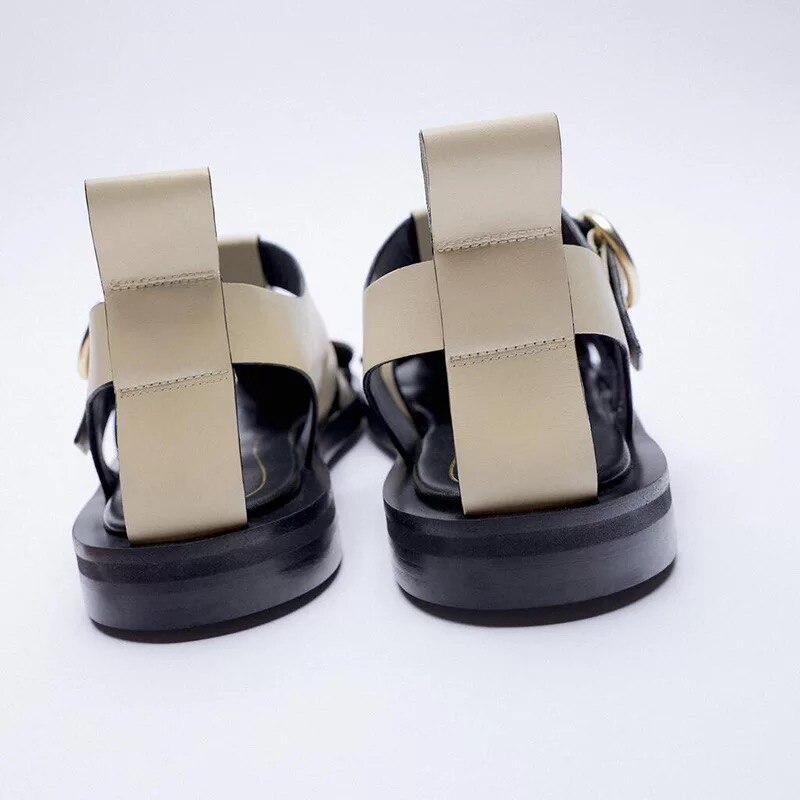 Sandalias de gladiador de cuero negro Retro para mujer, zapatos informales cerrados con tejido cruzado, zapatos planos de punta redonda para mujer, novedad de verano