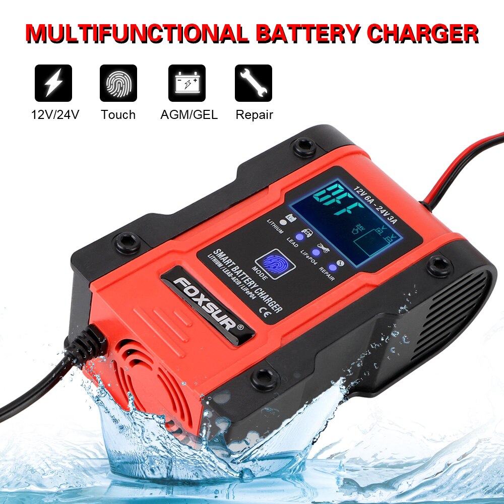 Car Battery Charger 12V-24V 6A Pulse Charger Maintainer For Car Motorcycle Lead Acid Battery Agm Gel Fast Power Charging