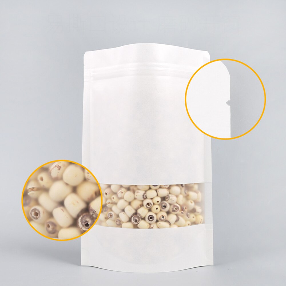 50pcs White Kraft Paper Bags Stand Up Zipper/zip Lock Candy Tea Dried Fruit Packaging Moisture-proof Open Window Pouch