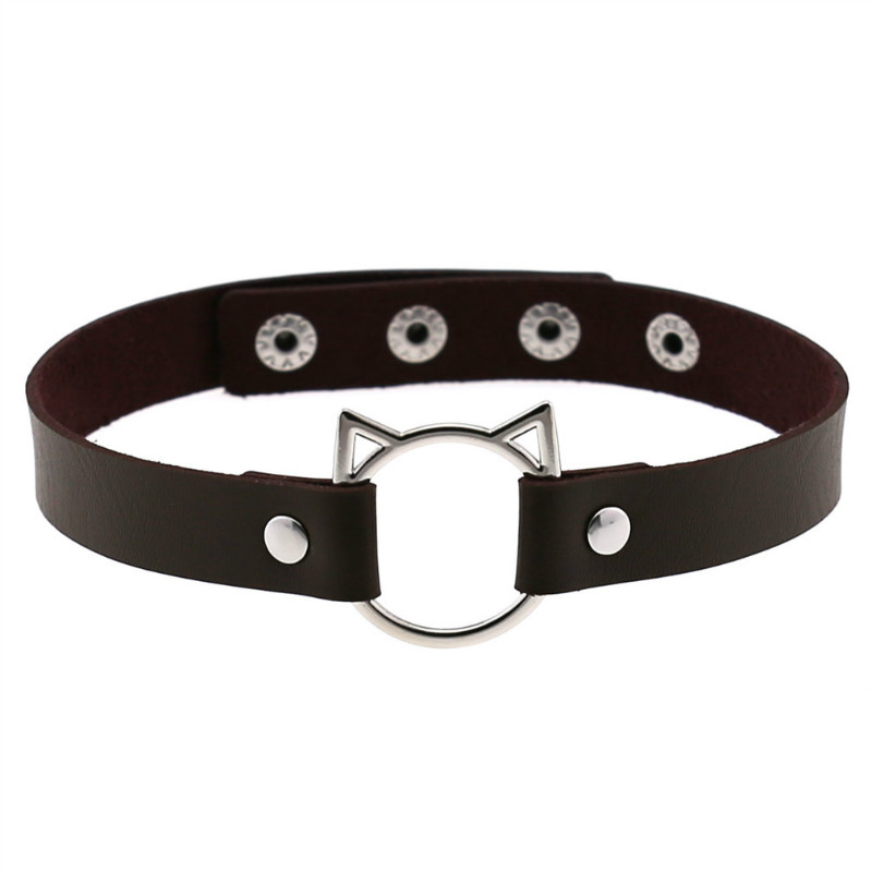 Punk Harajuku Collar Choker Necklace Kit head PU Leather Choker Punk Goth 100% Handmade Neck Bracelet animal Jewelry: CR701M dark brown