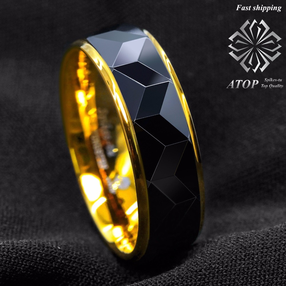 8 Black Rhombus high polished ATOP Tungsten ring 18k Gold wedding band men jewelry
