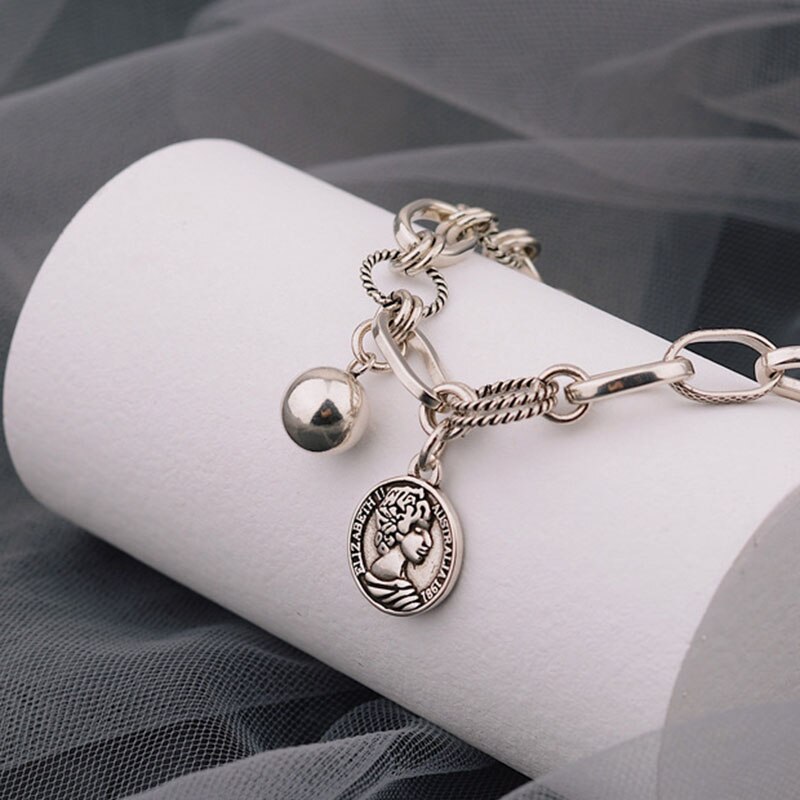 Mewanry 925 selo retrato pequeno redondo grânulo pulseira nova moda vintage punk festa jóias presentes para as mulheres por atacado