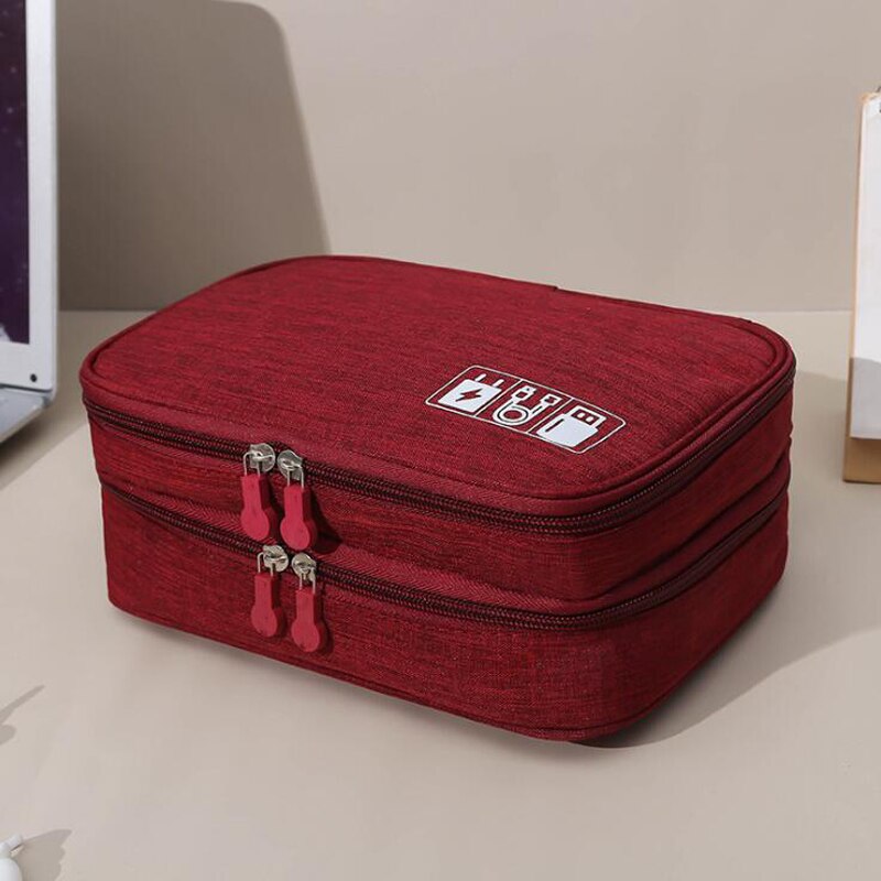 Datakabel lagringsveske bærbar digital usb gadget organizer lader ledninger kosmetisk glidelås lagring vanntett organizer case: Vinrød