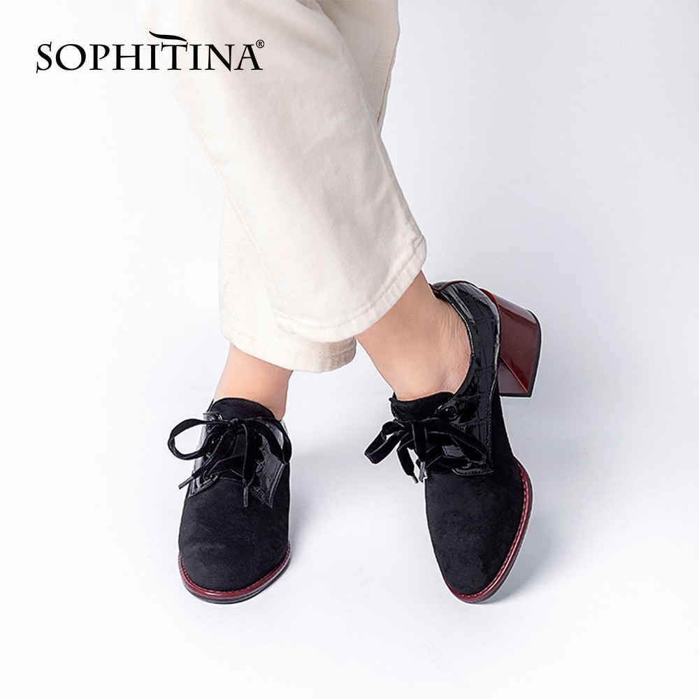 Sophitina kortfattet damepumps spring rund tå tykke hæle kontor karriere pumps snøre sorte sko kvinder  by241