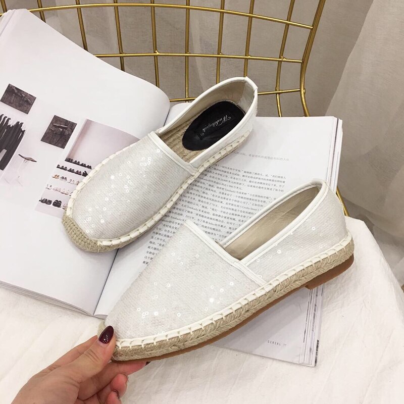 Alpargatas con lentejuelas, mocasines de cáñamo para mujeres, costura concisa, Slip On, punta redonda, mocasines de para mujeres, estilo Casual, Color sólido,: Blanco / 35