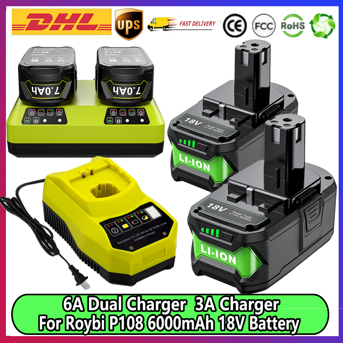 Voor Roybi P108 Batterij 6000mAh Met 6A Dual Charger Vervangende Batterij Voor Roybi 18V EEN Systeem P102 P103 P104 P105 P107 P109