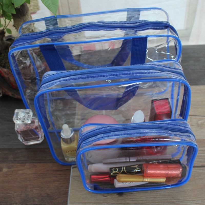 Ruputin 3 stuks/set transparante dames cosmetische tas pvc reisorganizer tas rits make-up tas badkamer waterdichte waszakken: Blauw