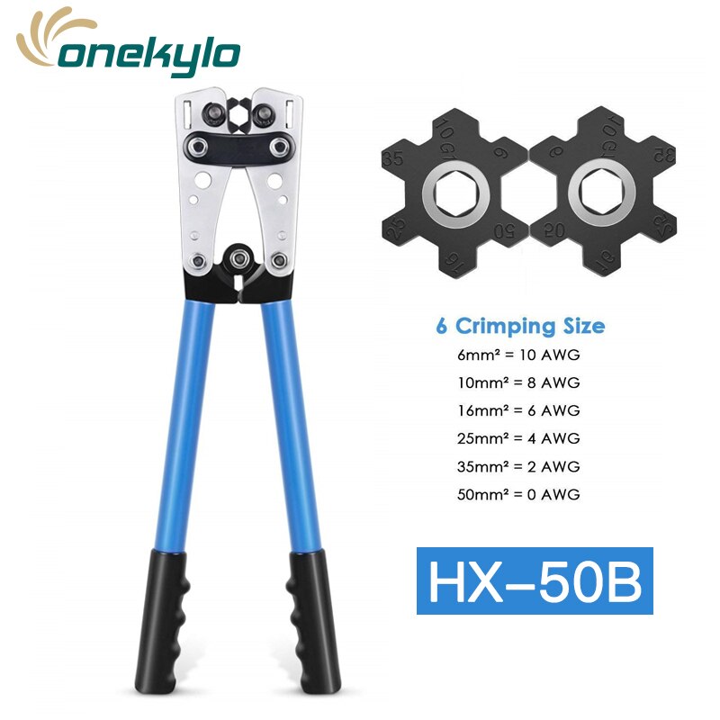 HX-50B Battery cable lug crimping tool wire crimper hand ratchet terminal crimp pliers for 6-50mm² 1-10AWG with cable cutter: HX-50B