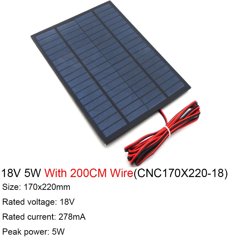 9V 12V 18V Zonnepaneel Met 100 200Cm Draad Mini Zonnestelsel Diy Voor Batterij Cel telefoon Oplader 1.5W 2W 3W 4.2W 4.5W 10W: 18V 5W
