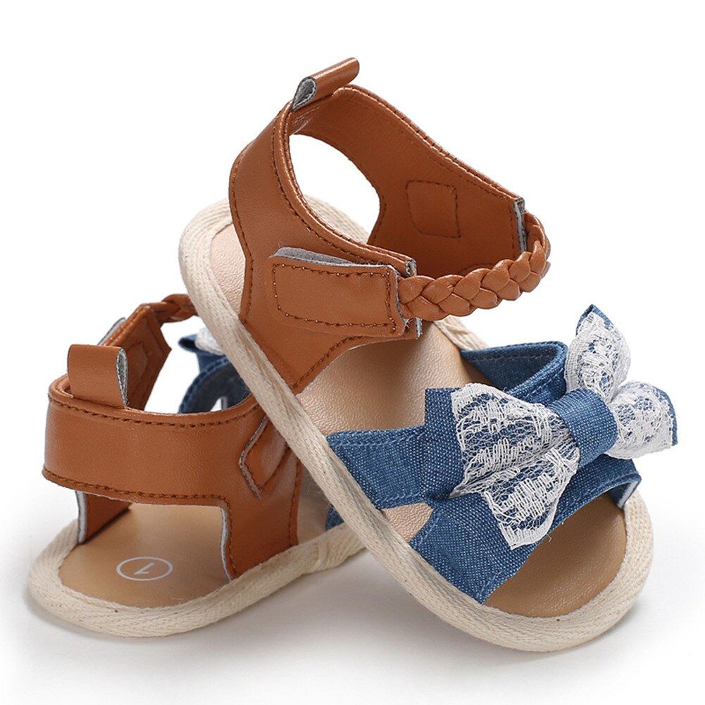 Peuter Meisje Baby Baby Boog-Knoop Sandalen Zomer Canvas Mocassin Schoenen Prewalker Gevlochten Schoenveter Denim Schoenen: E / 7-12 Months