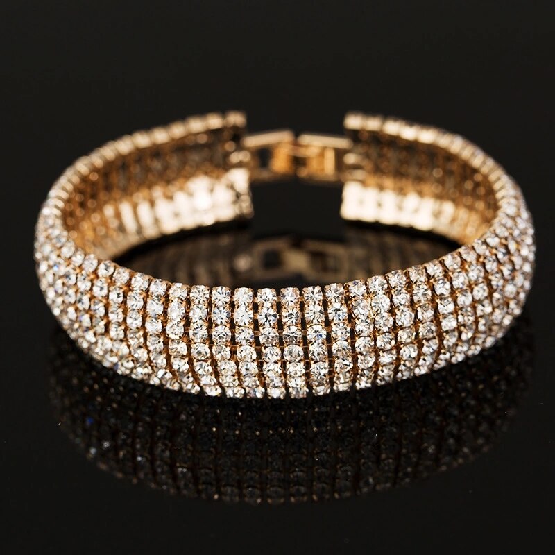 Pulsera de lujo con diamantes de imitación para mujer, brazalete de cristal, pulsera nupcial de boda, joyería de Color dorado y plateado: 7row-gold