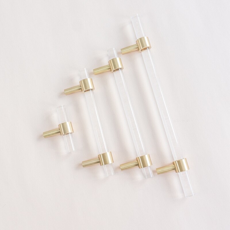 Acrylic + Brass Long Handle Modern Wardrobe Cabinet Door Handle Transparent Drawer Pulls T Bar Knobs Decor Furniture Hardware