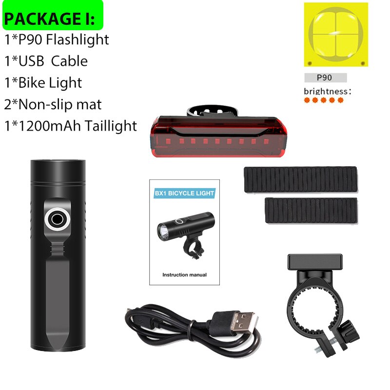 Trlife kraftig blænding cykellygte xhp 90 p50 l2 t6 cykel led lys usb genopladeligt batteri vandtæt forlygte cykellampe: P90 og baglygte