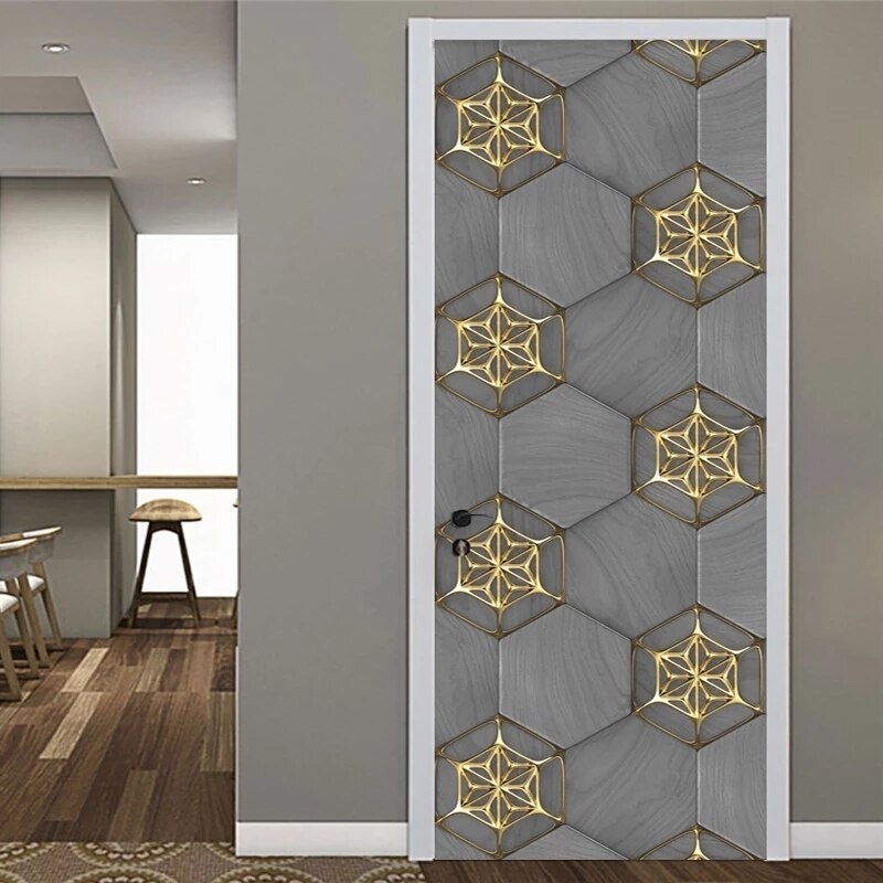 3D Wall Door Sticker Modern Stereo Golden Abstract Geometric Wallpaper Living Room Study Door Decal Pvc Self-Adhesive 3D Sticker