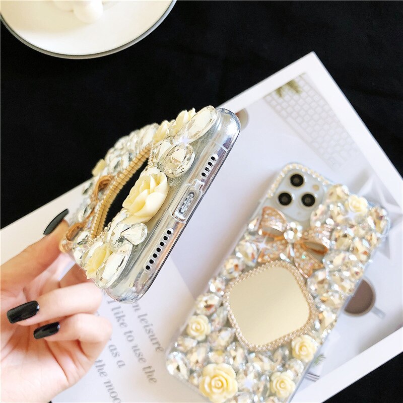 Suitable for IPhone 11/12promax 7/8plus Rhinestone Makeup Mirror Bow Case for IPhone XSmax XR XS X Protective Sleeve