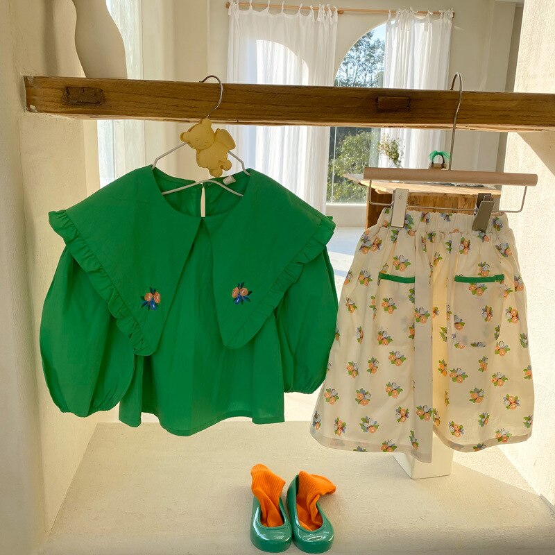 9887B abbigliamento per bambini camicia da ragazza primavera estate 2022 nuova camicia da ragazza ricamata coreana collo a punta camicie arricciate