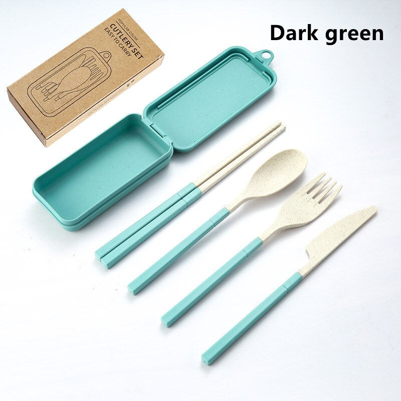 4PCS Wheat Straw Dinnerware Set Portable Tableware Knife Fork Spoon Chopsticks Set Travel Cutlery Set Eco-Friendly Utensil Box: Green