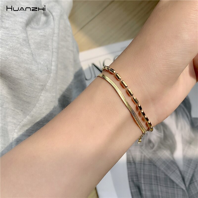 Huanzhi 2020 novo design simples metal redondo frisado dupla camada cobra corrente pulseira pulseiras para mulheres menina festa de verão jóias