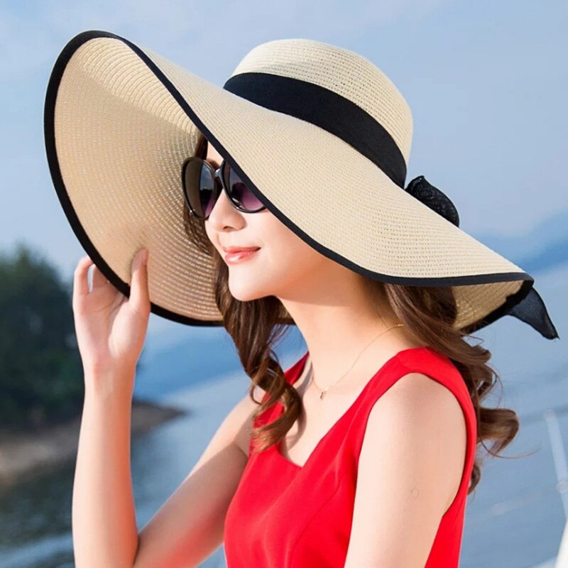 Sommer stor randen stråhat floppy bred randen solhue bue knude strand foldbare hatte hatte til kvinder