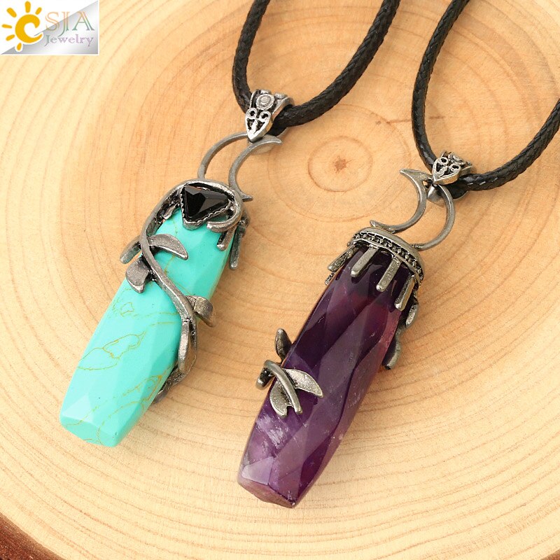 CSJA Antique Silver Color Pendant Necklaces Natural Crystal Stones Leaves Winding Faceted Rectangle Long Pendants Women Men G587