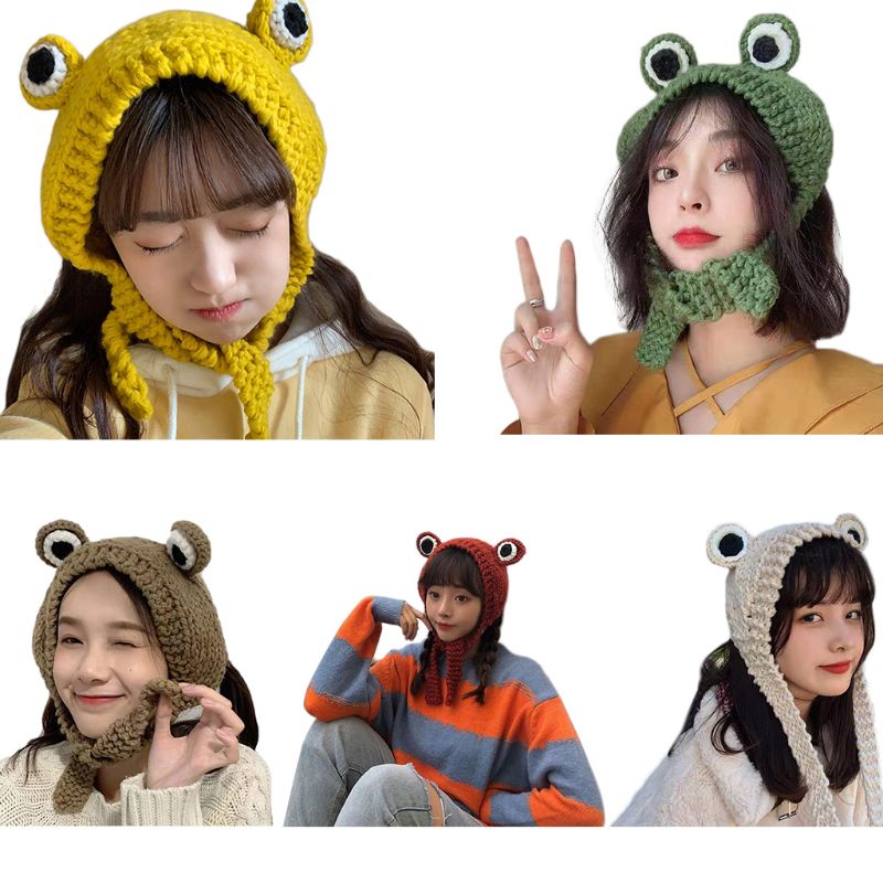 Bonnet en tricot pour les yeux de grenouille A2UA, mignon, couleur unie, , hiver