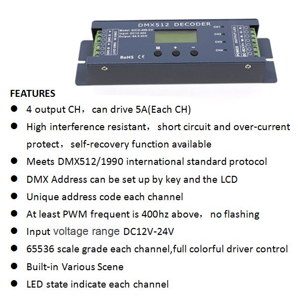Led Strip DMX512 Decoder Controller 12V 24V Dc 5A * 4 Kanaals Dmx Pwm Signaal Converter Constante spanning