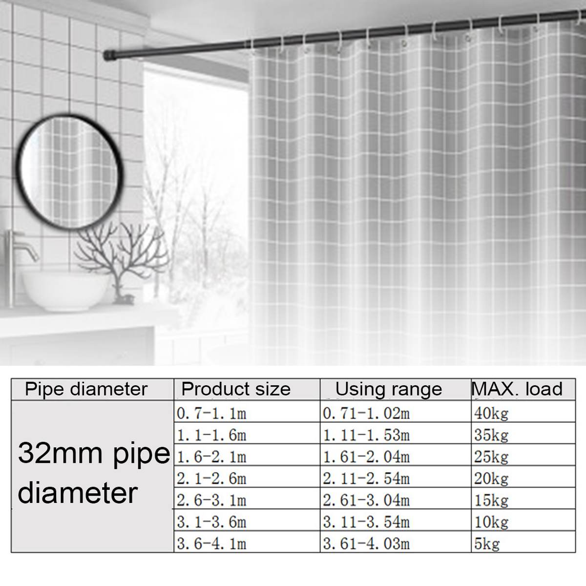 1.1-2.6M douche rideau poteaux tringle rideau pôle réglable en acier inoxydable ressort tige de Tension Rail pour vêtements/serviettes/rideau