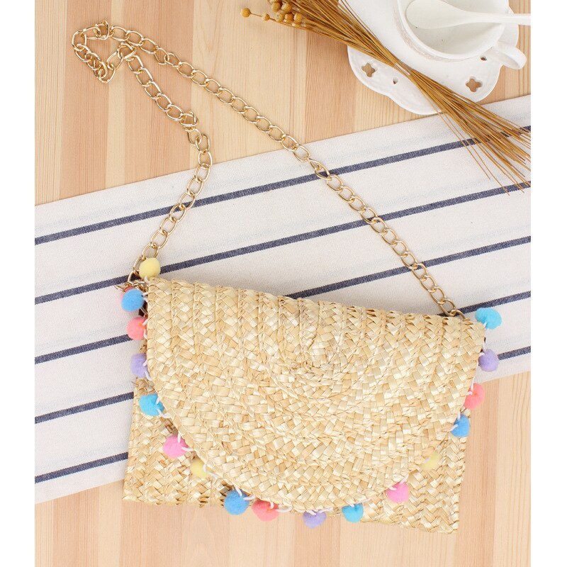 Bolso de paja para mujer, bolsa de mano tejida, paja de trigo trenzada, Bola de piel, decoración de verano salvaje, informal,: Colorful