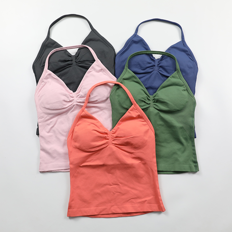 Impact Longline Strappy Top Women Seamless Yoga Tank Tops Scrunch Backless Gym Clothes Padded Workout Athletic Sleeveless Shirts