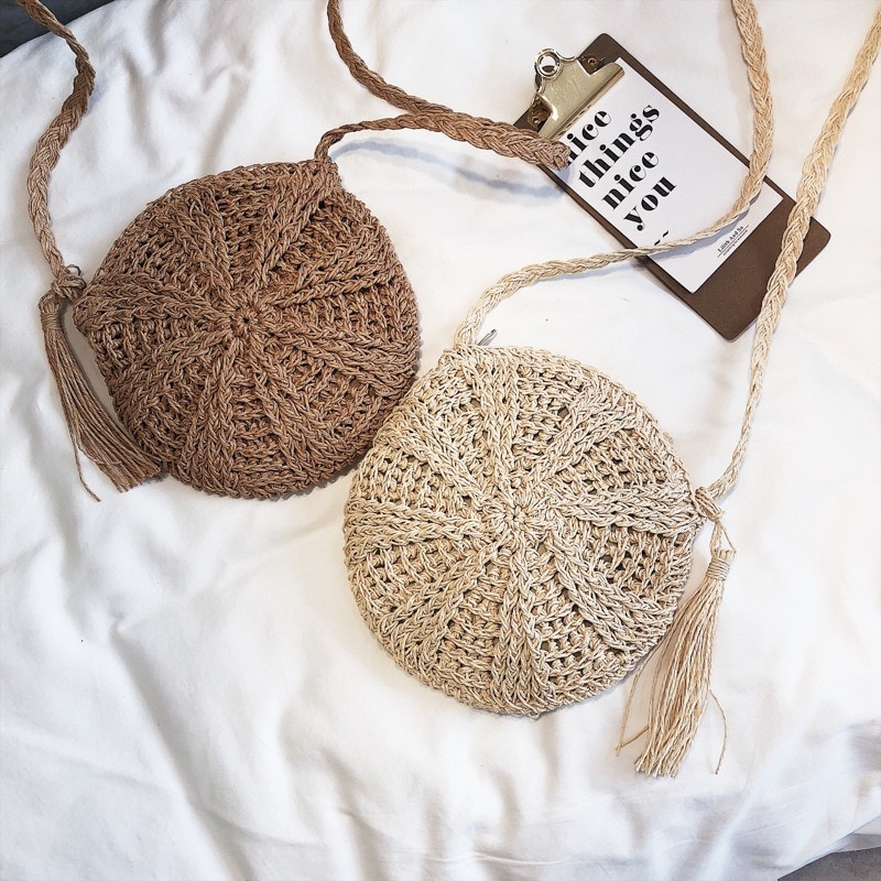 Women Cross Body Bag Round Circular Rattan Wicker Straw Woven Beach Basket Shoulder Bag