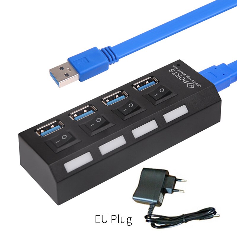 OUSU Hoge Snelheid 5G 4 7 Poorten USB Splitter mini Multi USB Hub 3.0 Schakelaar hab USB Hub met power Adapter Computer PC Accessoires: 4 Ports 3.0 black EU