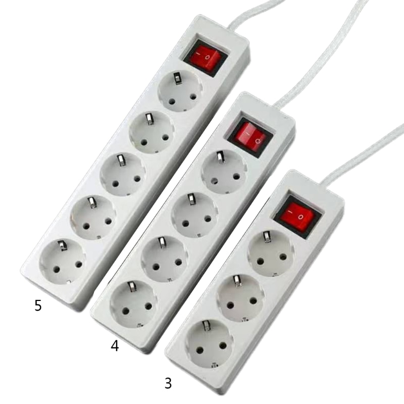 EU Standard German Type Power Strip 3/4/5 Sockets in a Row Flat Adapter Light Switch with Surge Protector Extension Cable G8TB