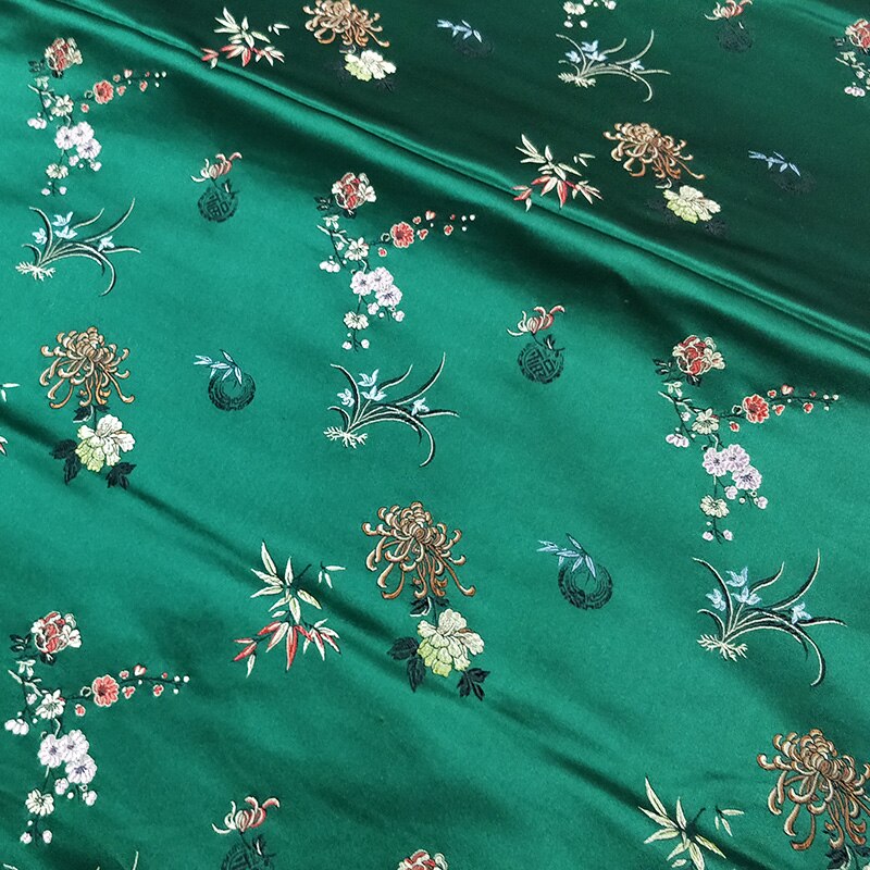 Chinese Silk Brocade Fabric Dobby Cheongsam Tang Suit Costume Wedding Dress Coat Cushion Cover Bag Meilan Bamboo Chrysanthemum: Dark Green