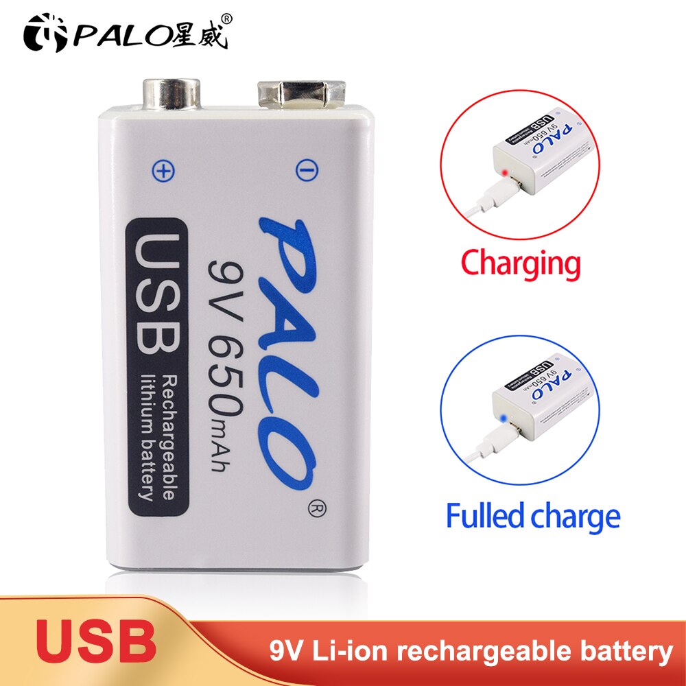 PALO 9V 6F22 650mAh Li-ion Rechargeable Battery Micro USB Batteries 9v lithium for multimeter,microphone,toy,remote control KTV