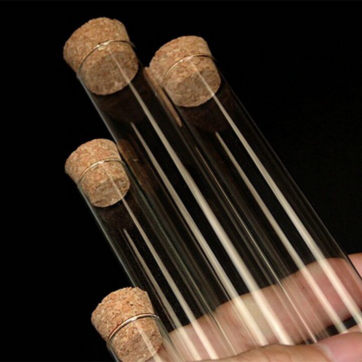 Tubo de ensayo de vidrio de fondo plano, tapones de corcho para tipos de experimento de longitud 65/75/90/100/120mm, 12 unids/lote