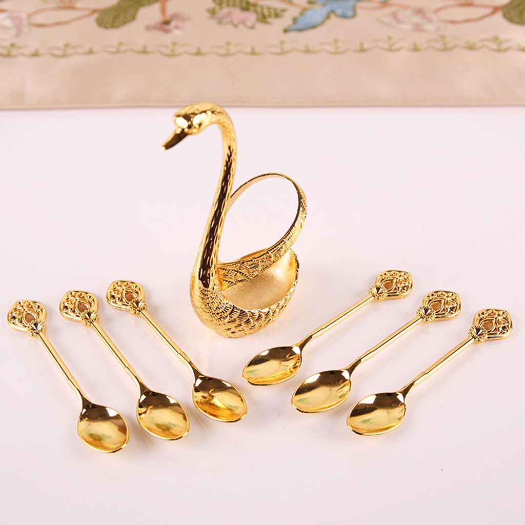 Stainless Steel Dinnerware Set Decorative Swan Base Holder with 6 Spoons for Coffee Fruit Dessert Stirring Mixing