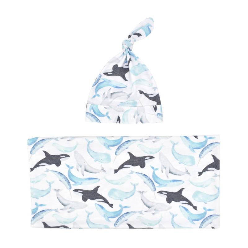 Baby Wraps Cotton Wraps Hat Set Cartoon Flower Printed Cotton Wraps Knotted Tire Cap Two-piece Set Receiving Blankets
